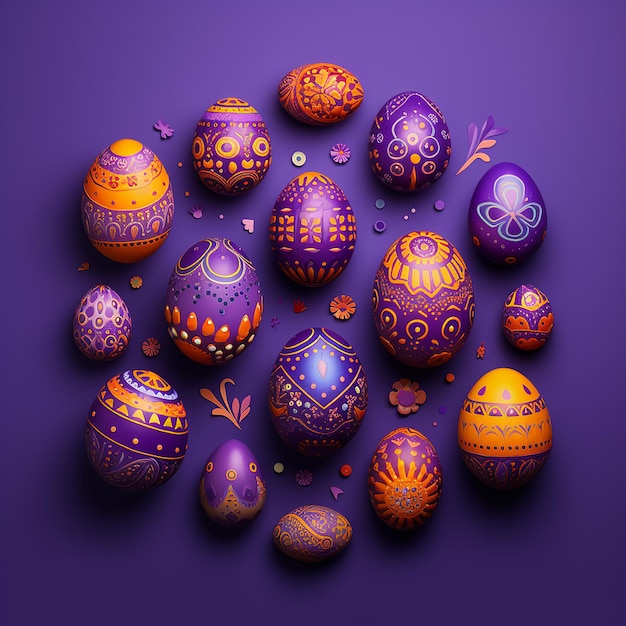 A collection of colorful easter eggs on a purple background