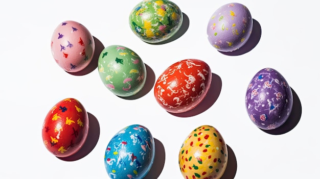 A collection of colorful easter eggs on a white background.