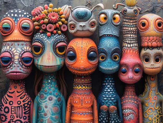 a collection of colorful figurines with one that has the word eye on it