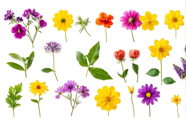 Photo a collection of colorful flowers and green foliage isolated on a white background