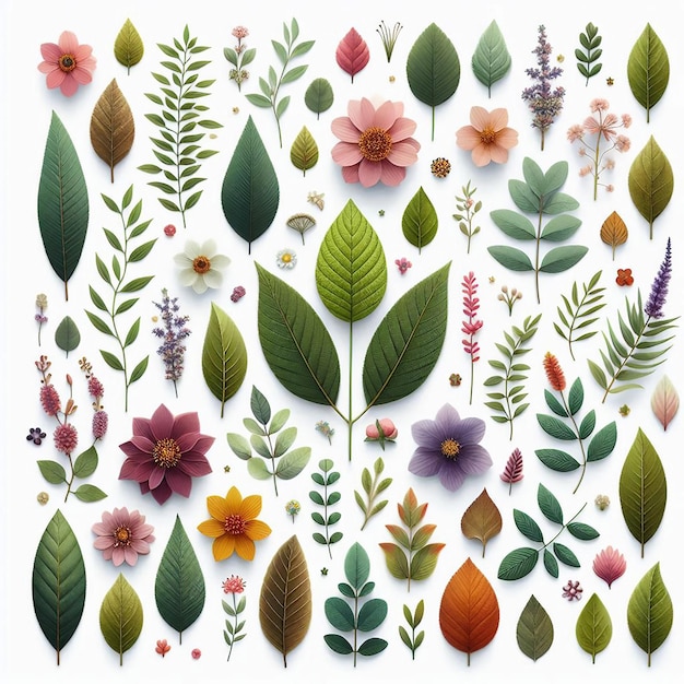 a collection of colorful flowers and leaves on a white background