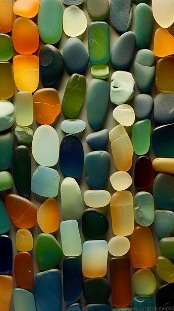 A collection of colorful glass pebbles are displayed.