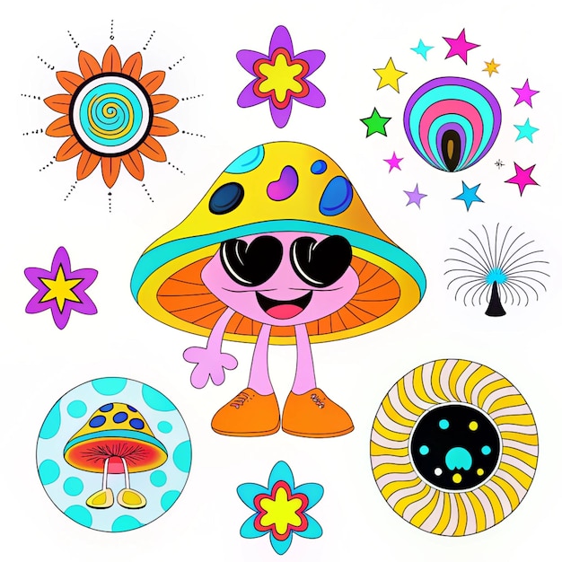 Photo a collection of colorful images including a cartoon character and a hat with a sun hat