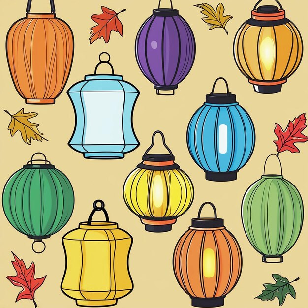 Photo a collection of colorful lanterns and the words  autumn  on a beige background