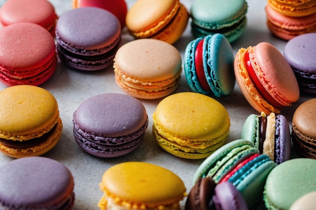 a collection of colorful macarons are on a table