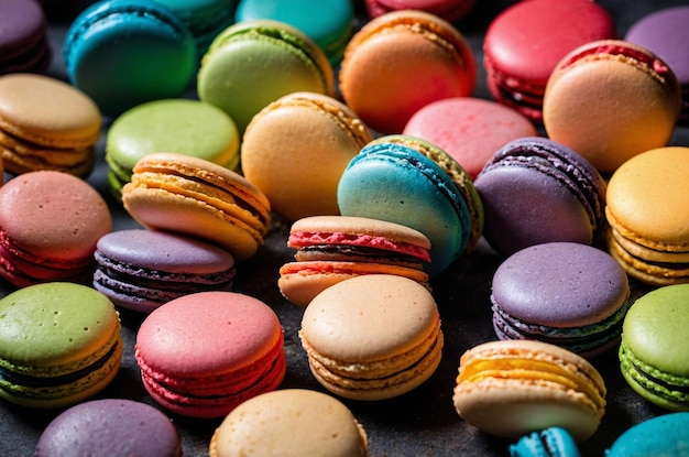 a collection of colorful macarons including one with a purple and green color