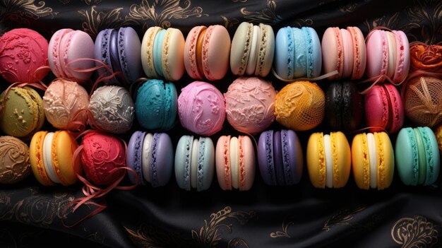 collection of colorful macarons on table and gifts