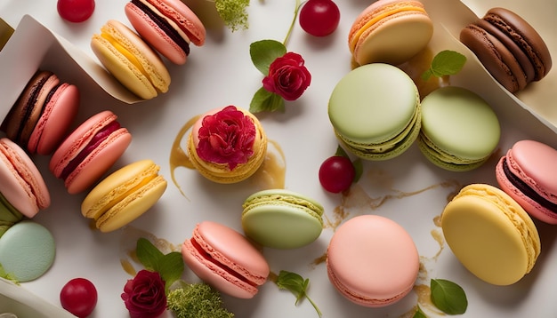 a collection of colorful macarons with roses on them