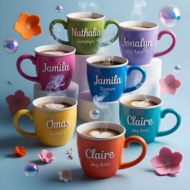 a collection of colorful mugs with the name quot mother quot on them