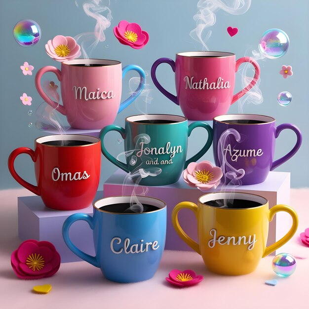 a collection of colorful mugs with the word mothera on them