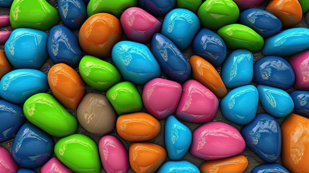 A collection of colorful pebbles are displayed.