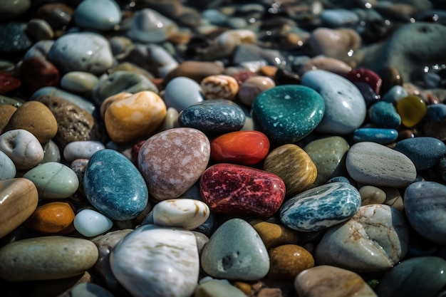 A collection of colorful pebbles are scattered on a riverbed.