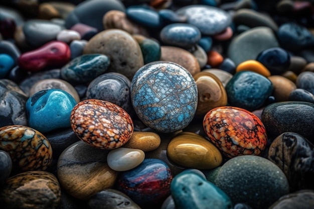 A collection of colorful pebbles on a beach.