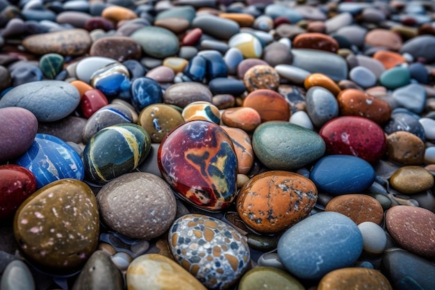 A collection of colorful pebbles on a beach