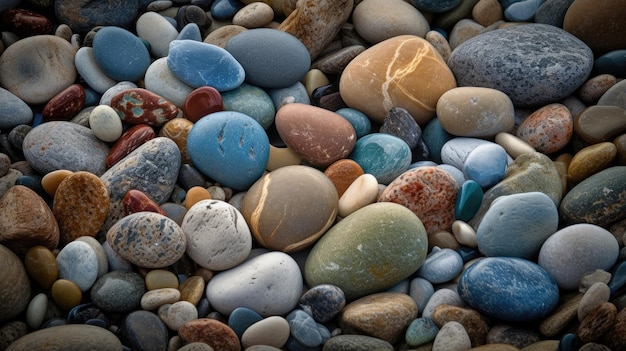 A collection of colorful pebbles on a beach