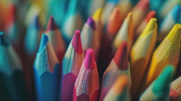 Collection of colorful pencils and brushes on an art table ready for creativity