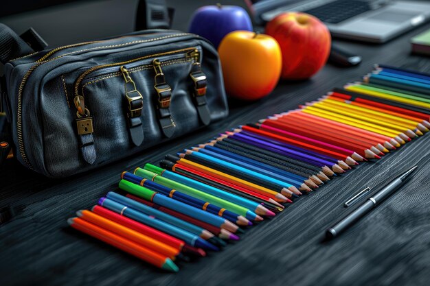 A Collection of Colorful Pencils and a Leather Bag Rest on a Dark Wooden Table