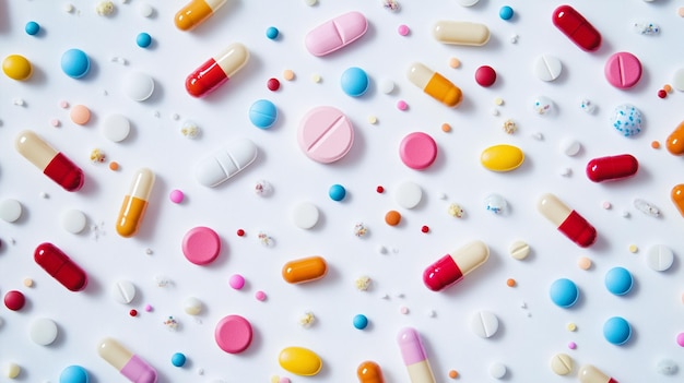 a collection of colorful pills that are on a white surface