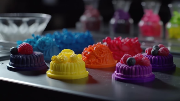 A collection of colorful plastic molds are on a table.