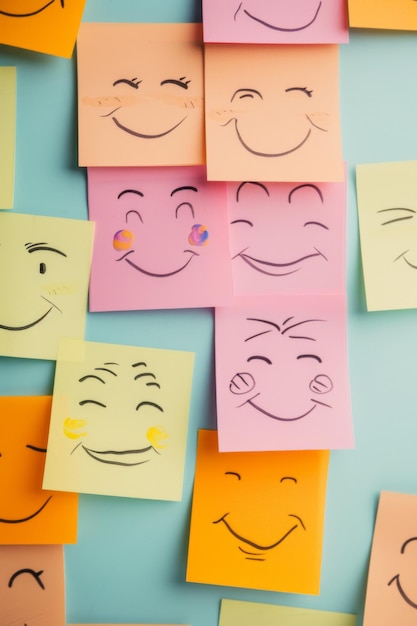 A collection of colorful postit notes featuring minimalistic faces skillfully created with a pen