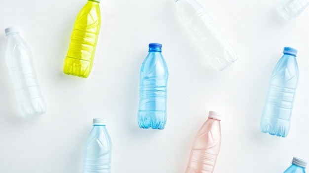 Photo a collection of colorful recycled plastic bottles arranged on a white background symbolizing s