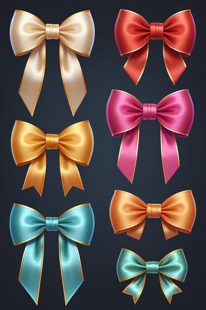 A collection of colorful ribbons and bows isolated on a clean dark background cartoon style