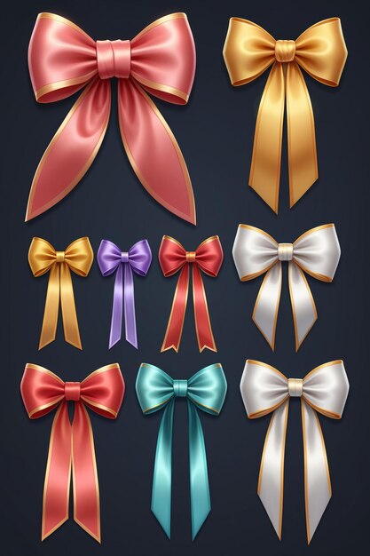 A collection of colorful ribbons and bows isolated on a clean dark background cartoon style