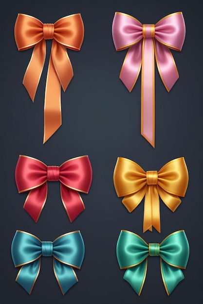 A collection of colorful ribbons and bows isolated on a clean dark background cartoon style