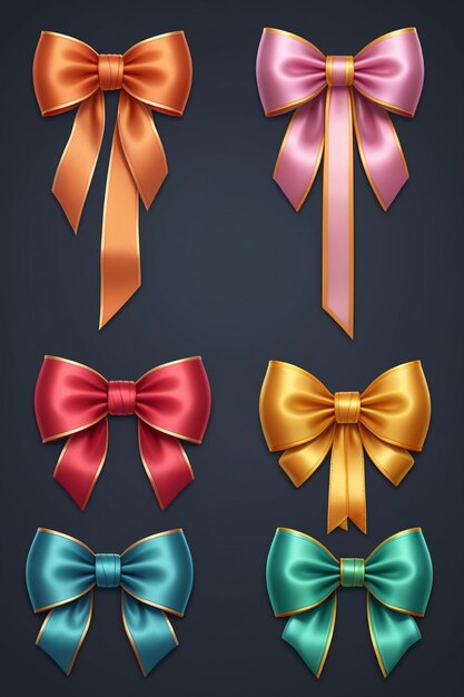 Photo a collection of colorful ribbons and bows isolated on a clean dark background cartoon style