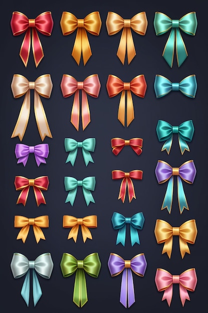 A collection of colorful ribbons and bows isolated on a clean dark background cartoon style