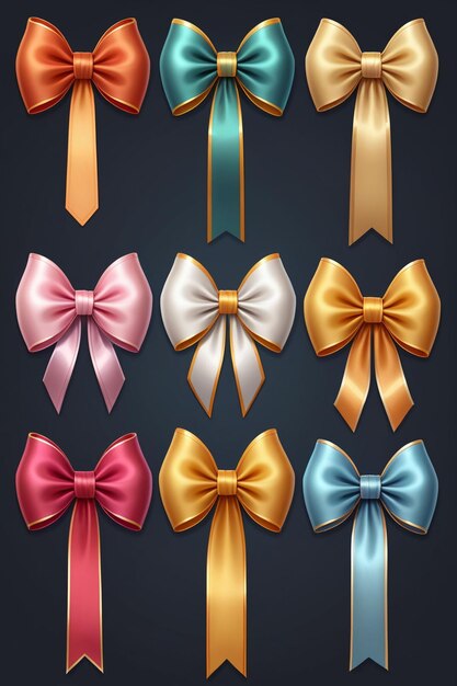 A collection of colorful ribbons and bows isolated on a clean dark background cartoon style