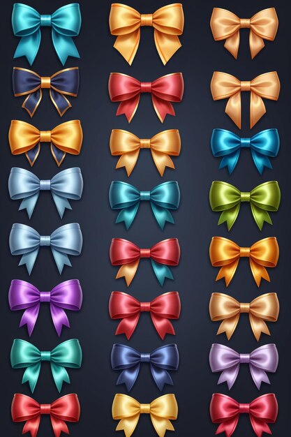 Photo a collection of colorful ribbons and bows isolated on a clean dark background cartoon style