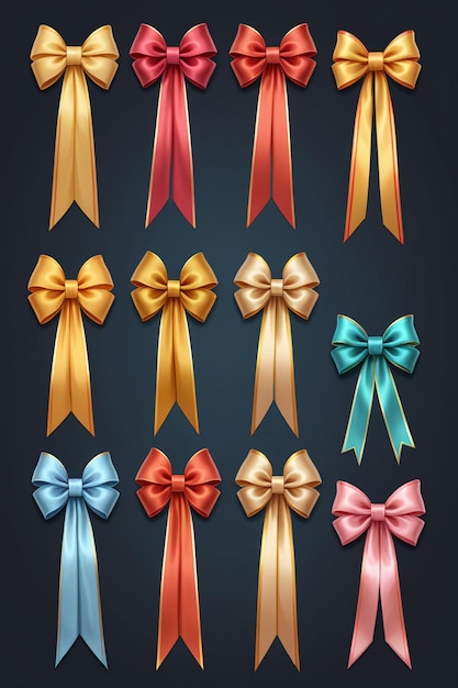 Photo a collection of colorful ribbons and bows isolated on a clean dark background cartoon style