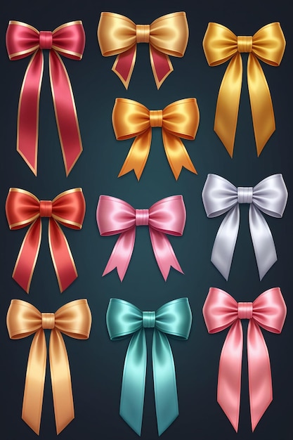 A collection of colorful ribbons and bows isolated on a clean dark background cartoon style