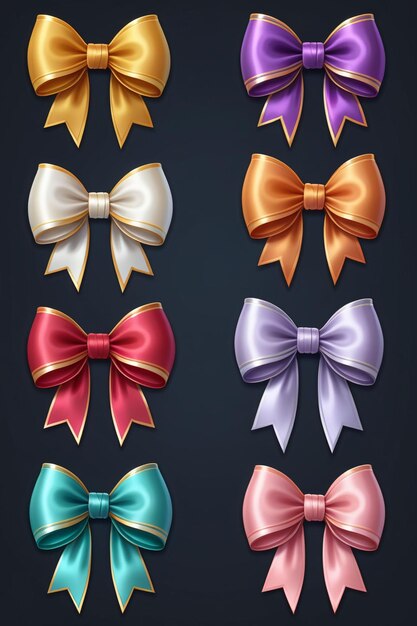 A collection of colorful ribbons and bows isolated on a clean dark background cartoon style