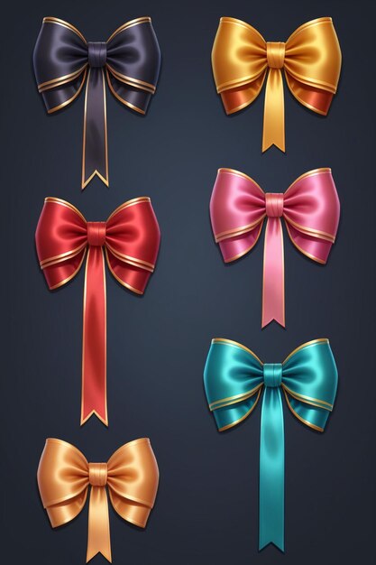 A collection of colorful ribbons and bows isolated on a clean dark background cartoon style