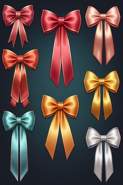 A collection of colorful ribbons and bows isolated on a clean dark background cartoon style