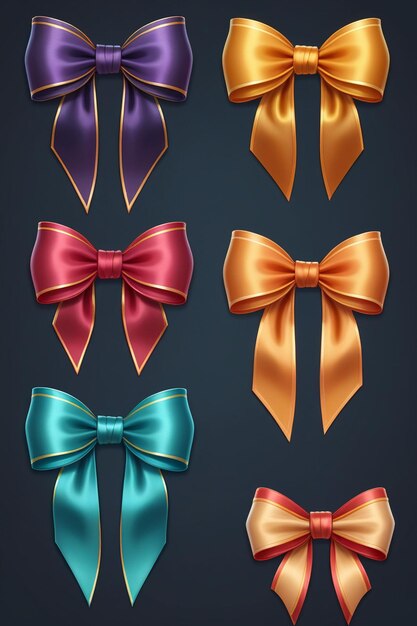 Photo a collection of colorful ribbons and bows isolated on a clean dark background cartoon style