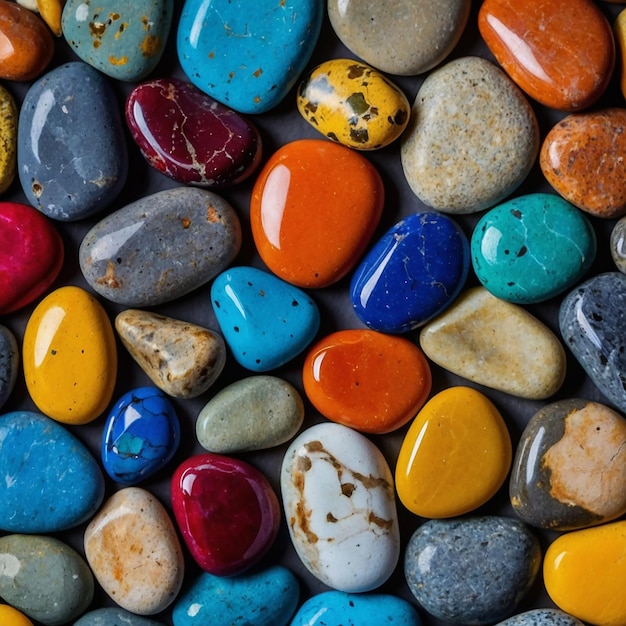 a collection of colorful rocks including one that has a face on it