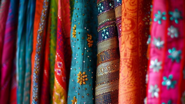 Photo a collection of colorful saris with a colorful background