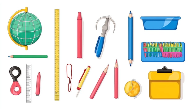 Photo collection of colorful school supplies including a globe ruler pencils and more perfect for educational themes