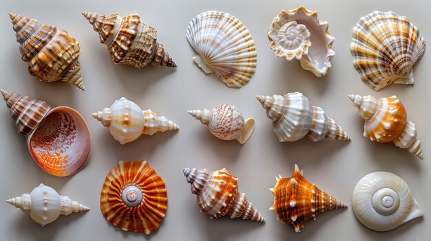 Photo collection of colorful seashells arranged neatly on a light background