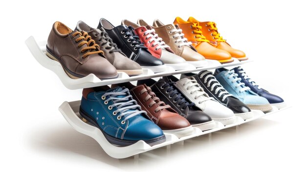 Collection of Colorful Sneakers on White Shoe Rack