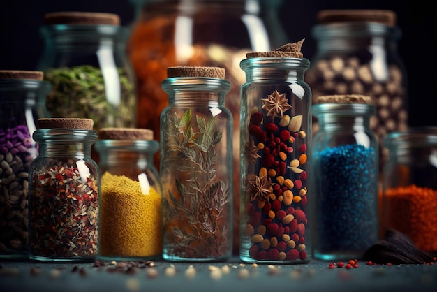 A collection of colorful spices in glass jars for a gourmet and international cuisine lifestyle