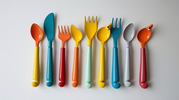 a collection of colorful spoons and forks are lined up on a wall