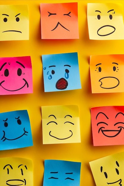 A collection of colorful sticky notes with various facial expressions