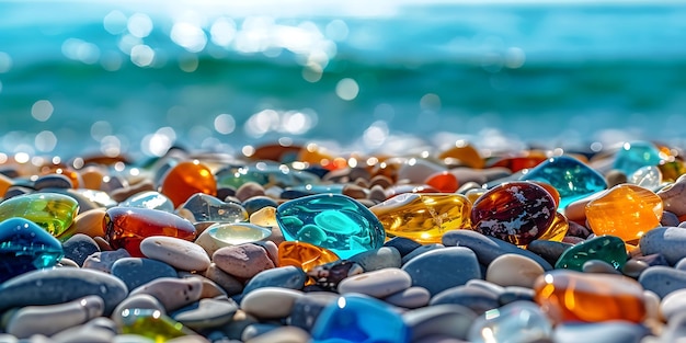 a collection of colorful stones and pebbles on a beach