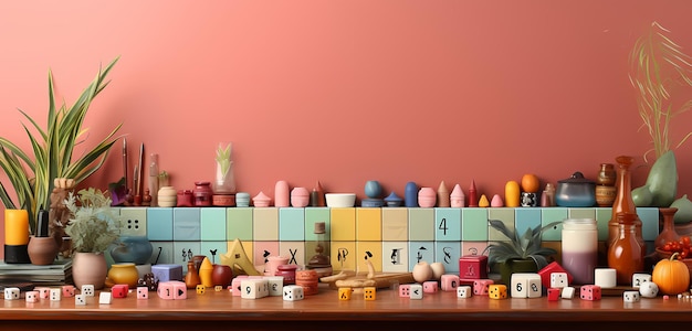 a collection of colorful toys including one of them has a pink wall behind it