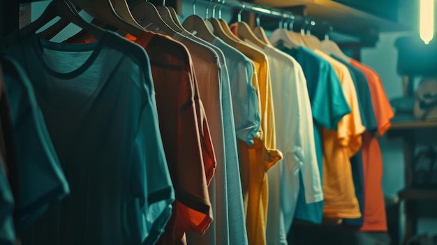 A collection of colorful tshirts on hangers arranged in a dimly lit boutique