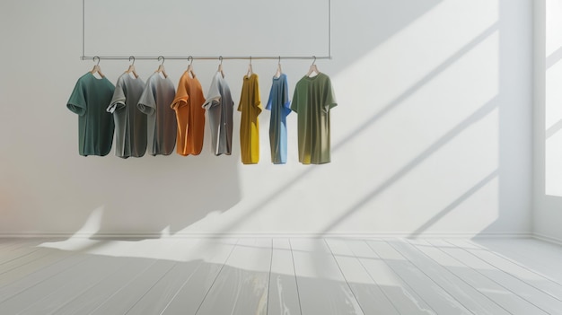 Photo a collection of colorful tshirts hanging neatly on a rod in a bright sunlit room with minimalistic decor